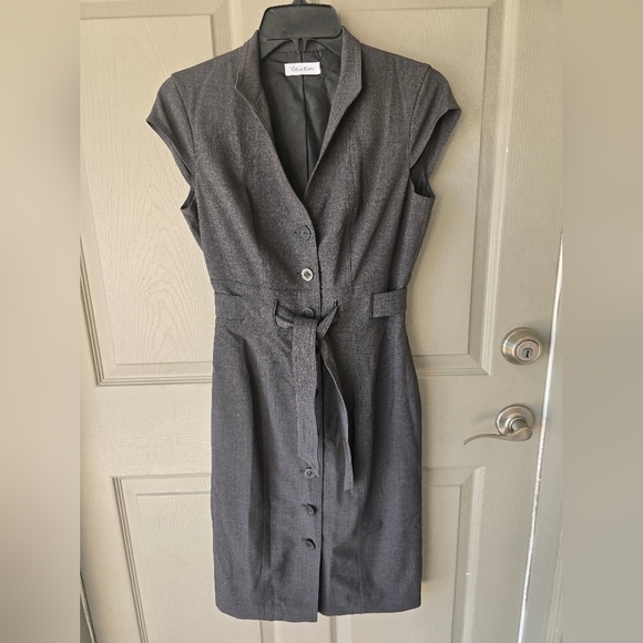 Calvin Klein Dress Sz S Gray Button Down Tie Waist Belted Midi Sleeveless - Picture 2 of 12
